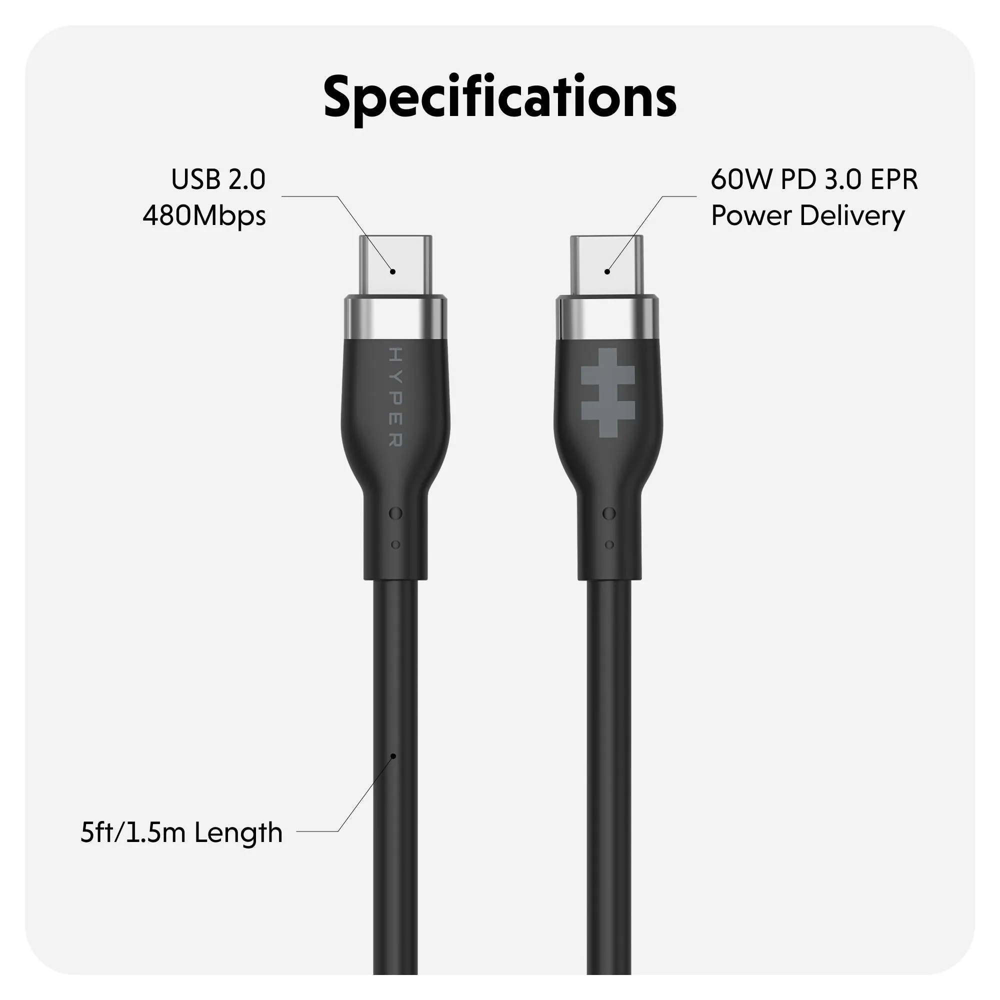 HyperJuice USB-C Silicone Charging Cable (1.5m/5ft) - Black