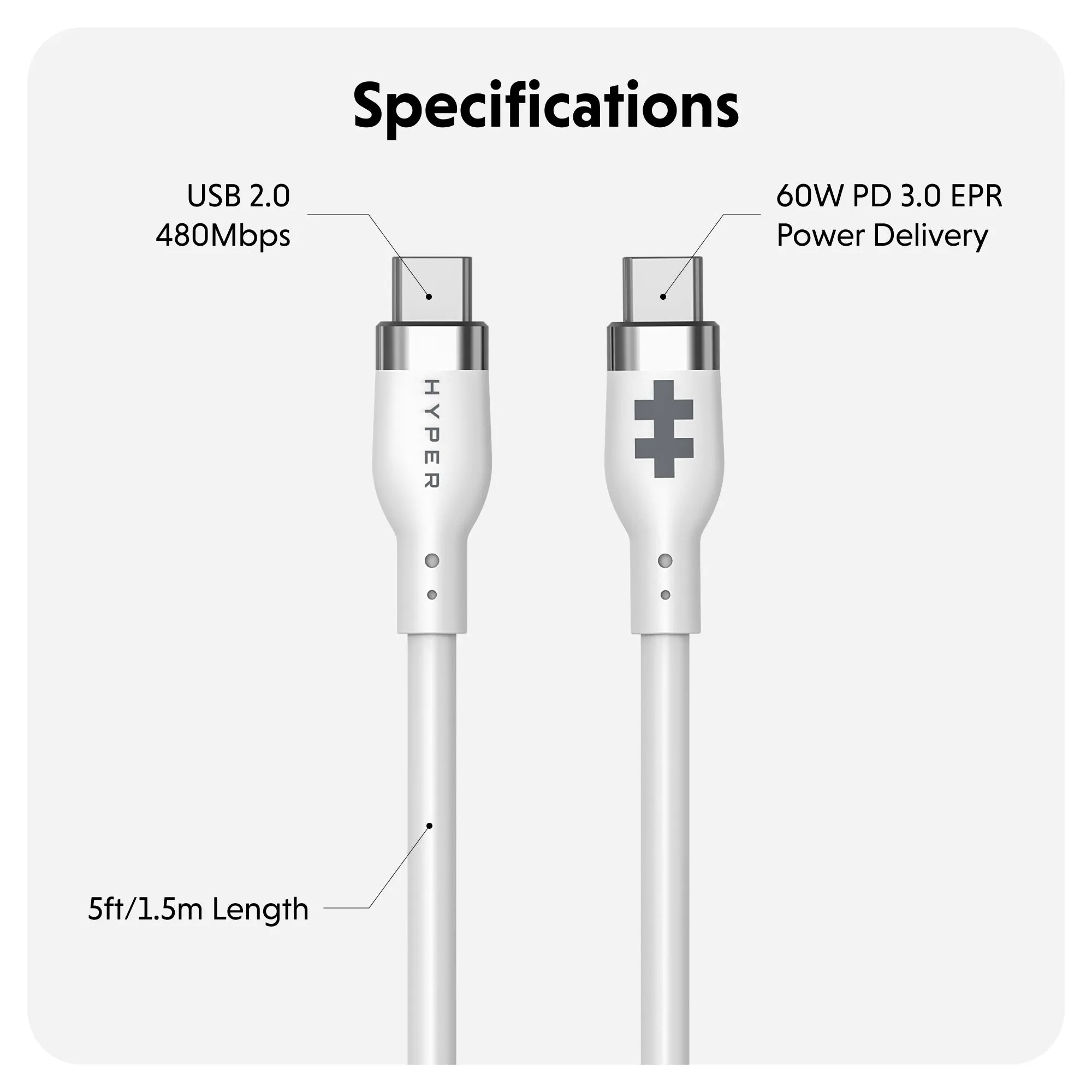 HyperJuice USB-C Silicone Charging Cable (1.5m/5ft) - White