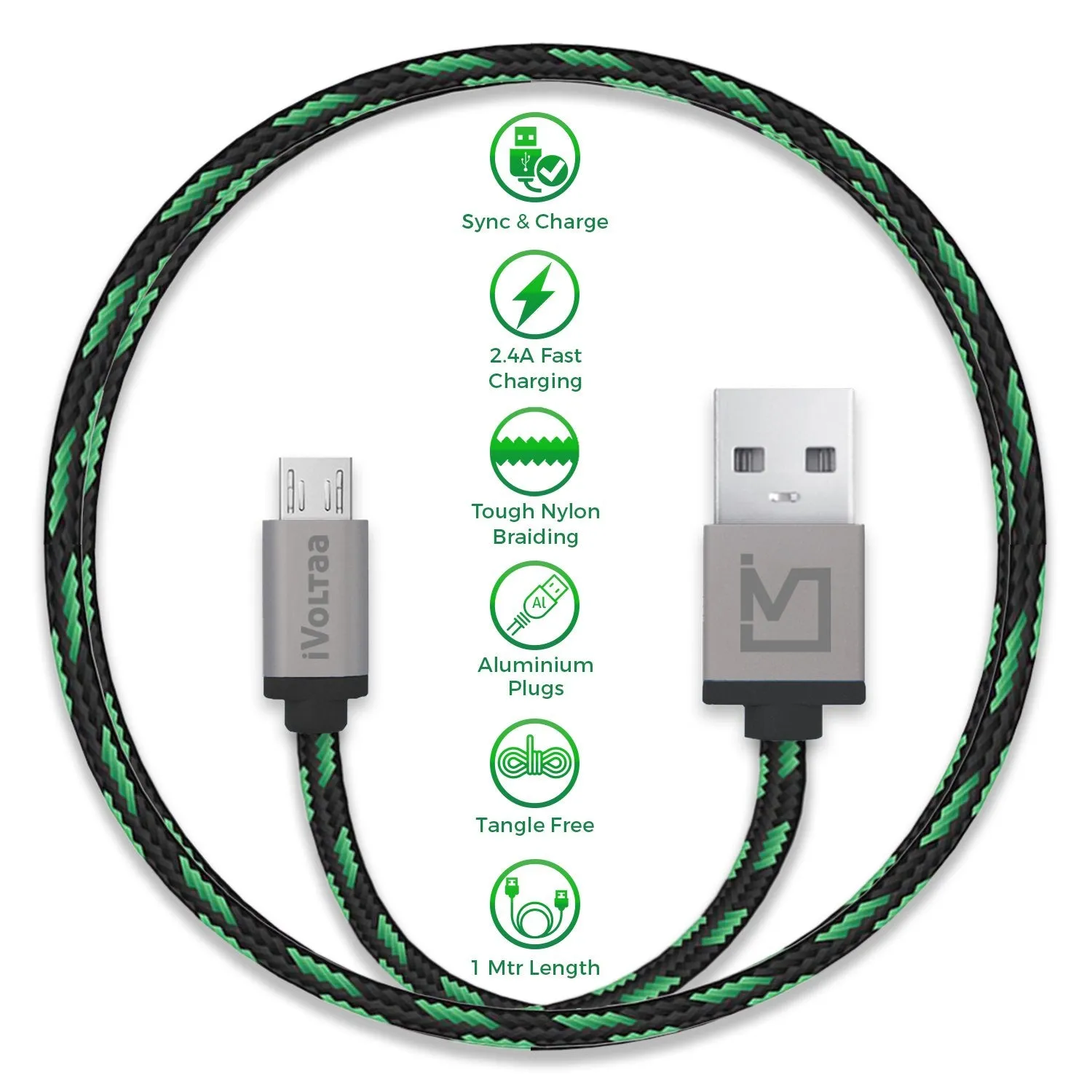 iVoltaa Pixie Micro USB Cable - (4 Feet - 1.2 M) - Yoda Green