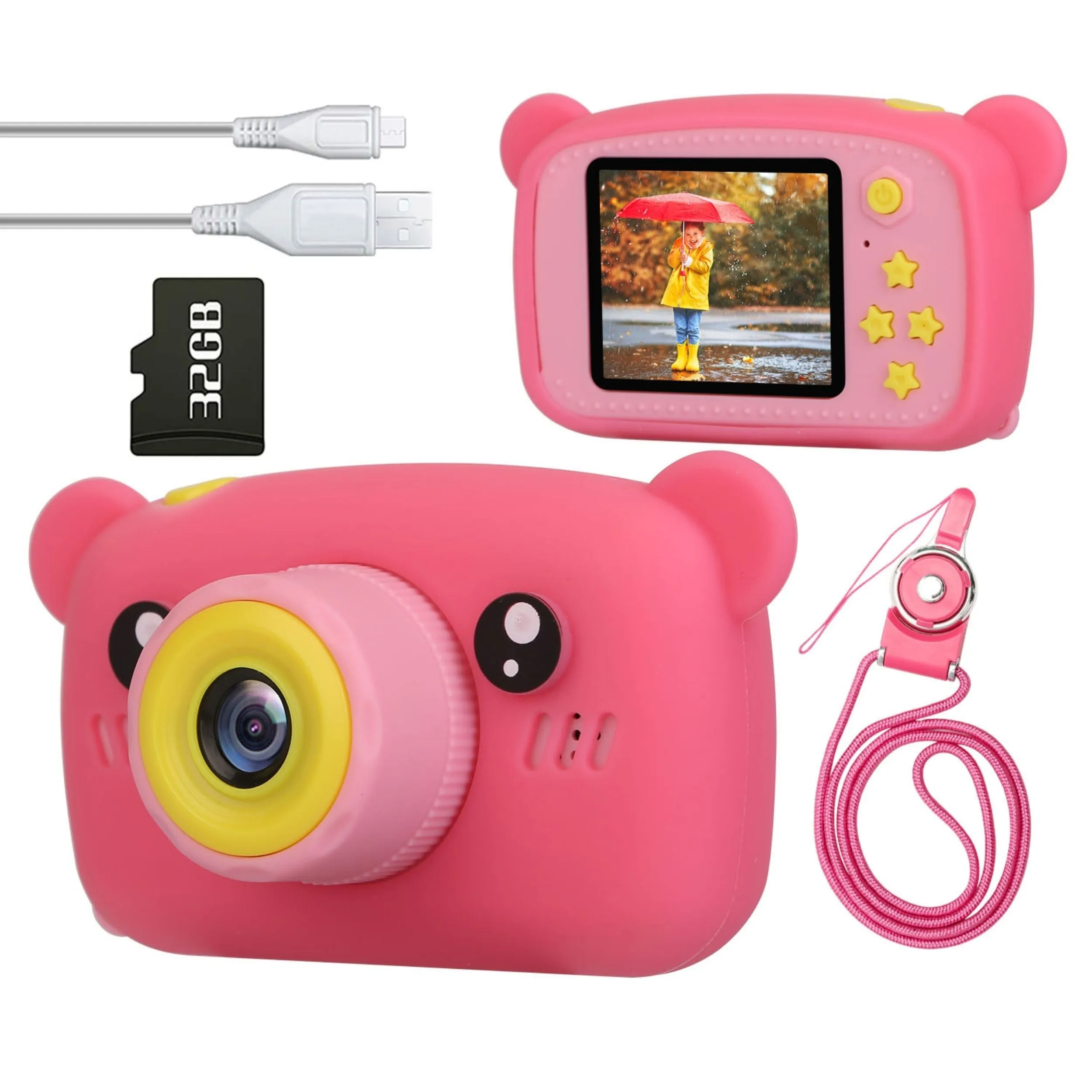 Kids Digital Camera - 2.0in Screen, 4X Digital Zoom, 5 Games, 32G MMC Card - Perfect Christmas & Birthday Gift for 3-10 Year Olds