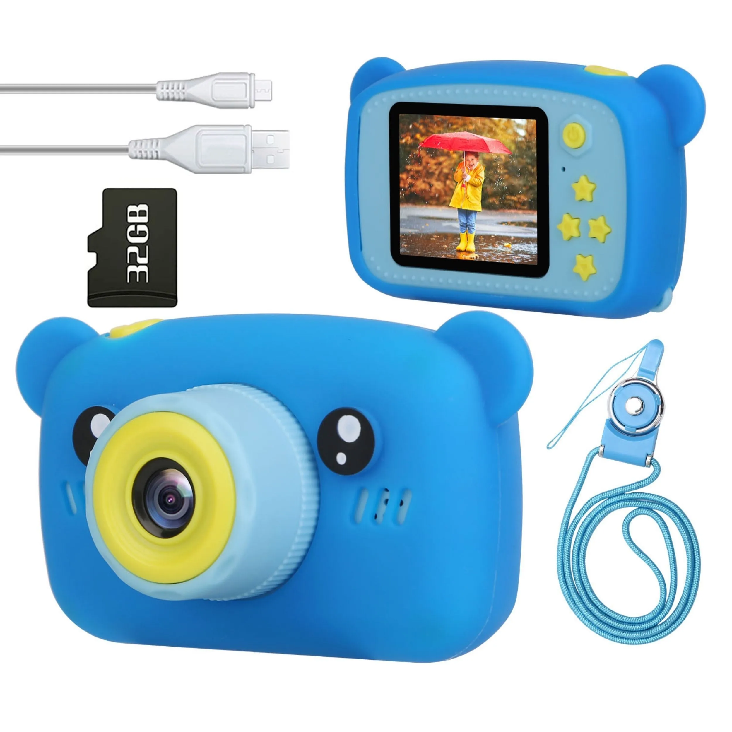 Kids Digital Camera - 2.0in Screen, 4X Digital Zoom, 5 Games, 32G MMC Card - Perfect Christmas & Birthday Gift for 3-10 Year Olds