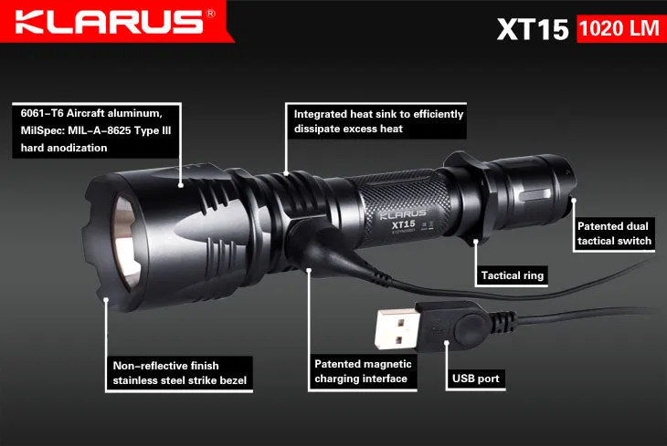 Klarus XT15 2x CR123A / 1x 18650 1020 Lumens Cree XM-L2 LED Flashlight