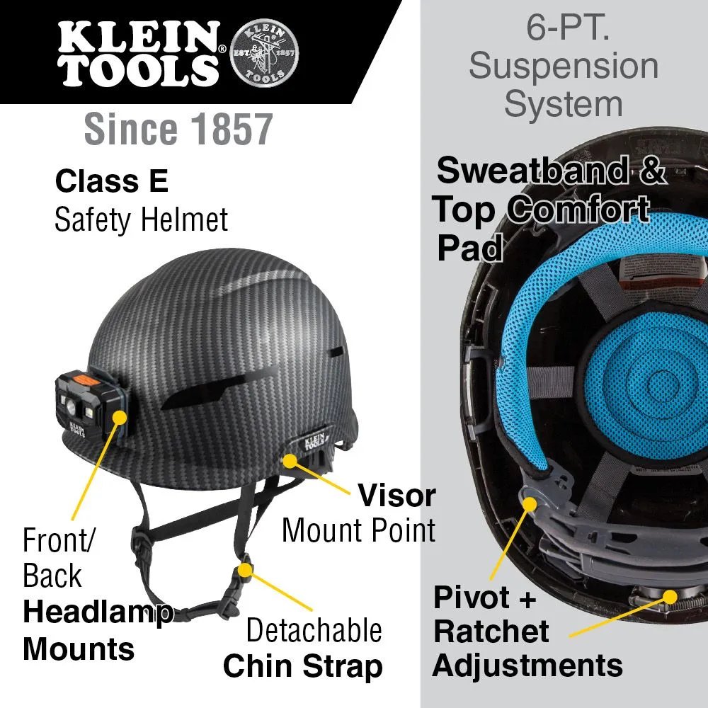 Klein Tools 60515 Safety Helmet, Non-Vented Class E with Rechargeable Lamp and Chin Strap, Premium KARBN Pattern, Tested up to 20kV