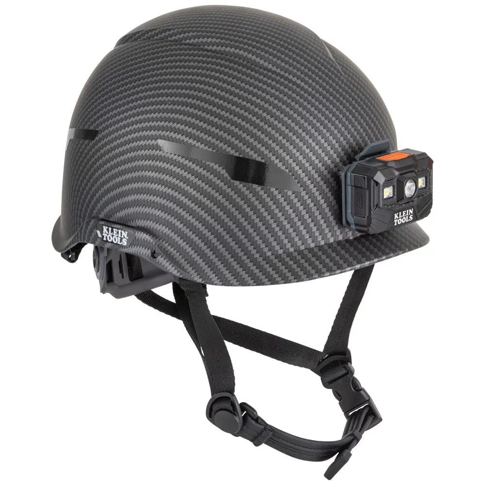 Klein Tools 60515 Safety Helmet, Non-Vented Class E with Rechargeable Lamp and Chin Strap, Premium KARBN Pattern, Tested up to 20kV