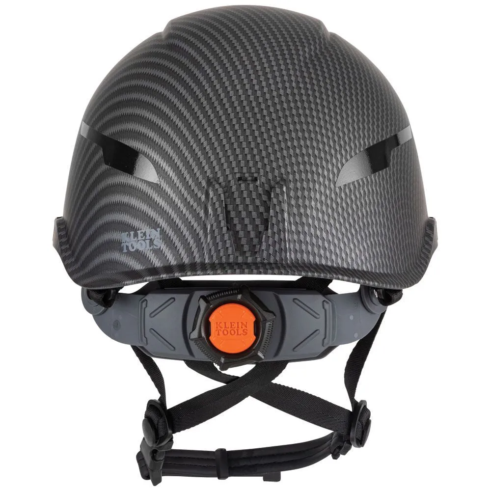 Klein Tools 60515 Safety Helmet, Non-Vented Class E with Rechargeable Lamp and Chin Strap, Premium KARBN Pattern, Tested up to 20kV