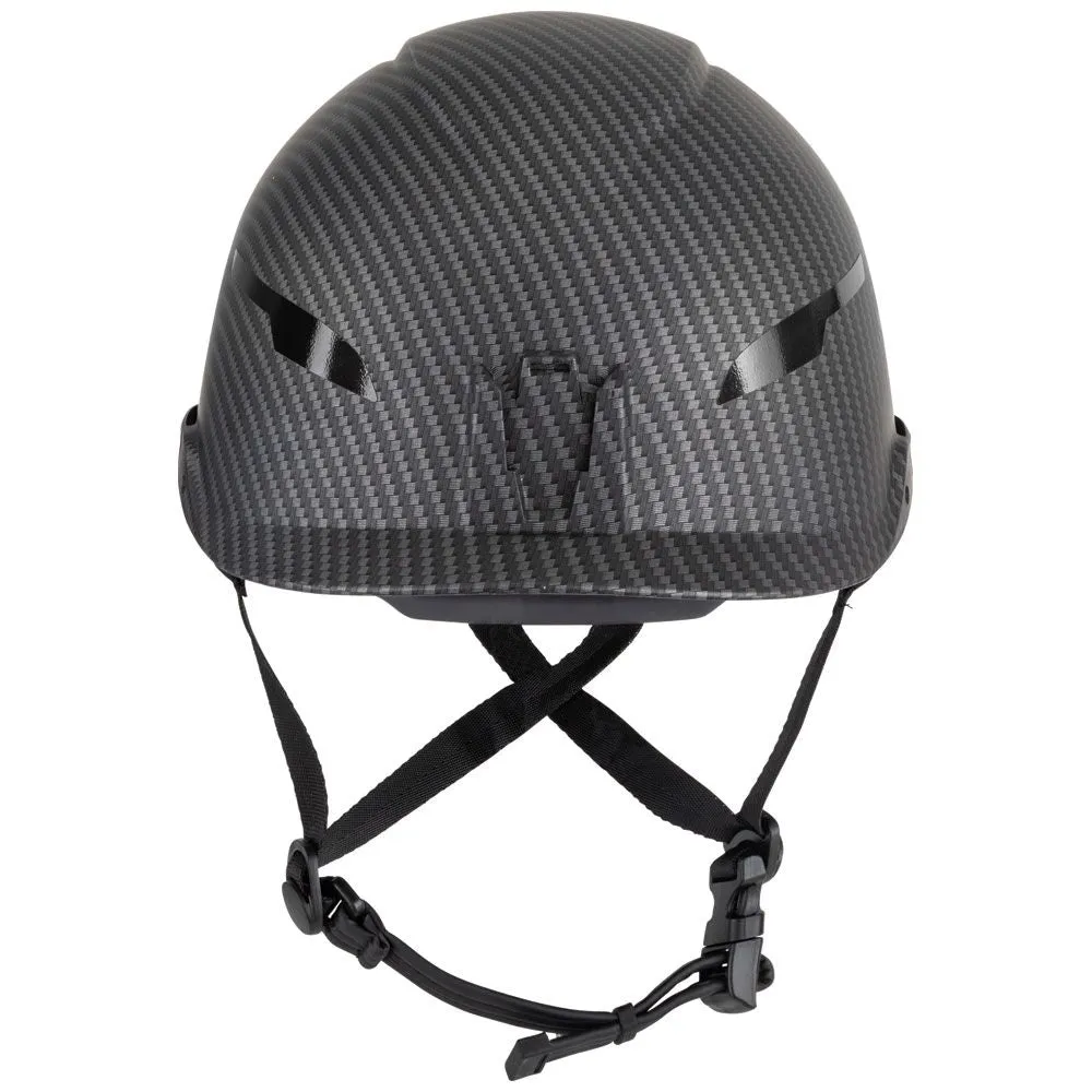 Klein Tools 60515 Safety Helmet, Non-Vented Class E with Rechargeable Lamp and Chin Strap, Premium KARBN Pattern, Tested up to 20kV