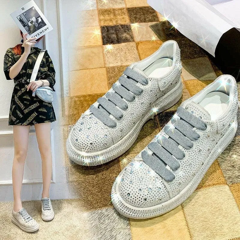 Ladies Rhinestone Bling Thick Sole Lace Up Leisure Shoes