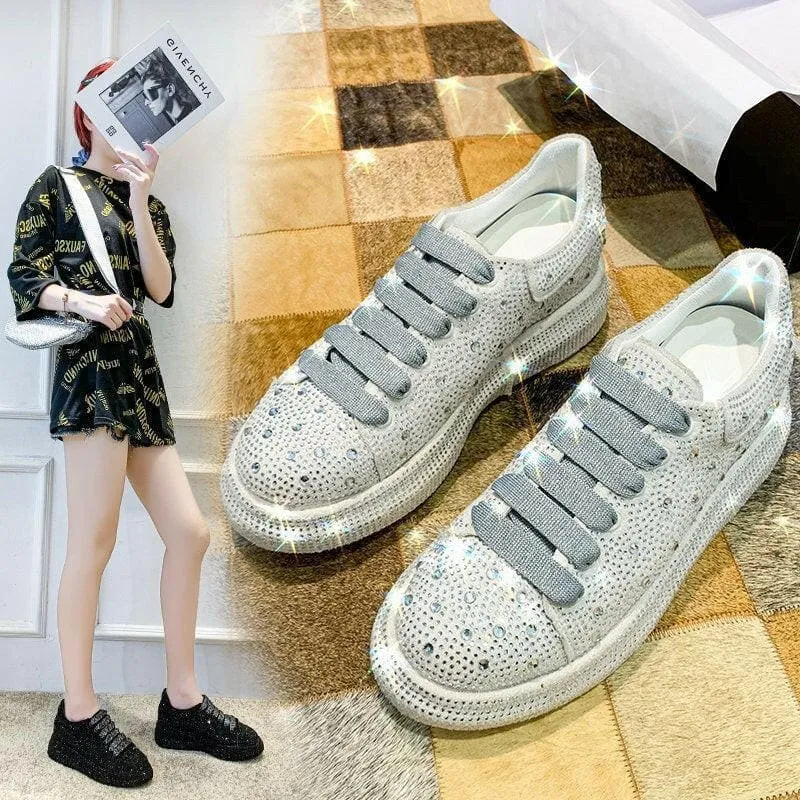 Ladies Rhinestone Bling Thick Sole Lace Up Leisure Shoes