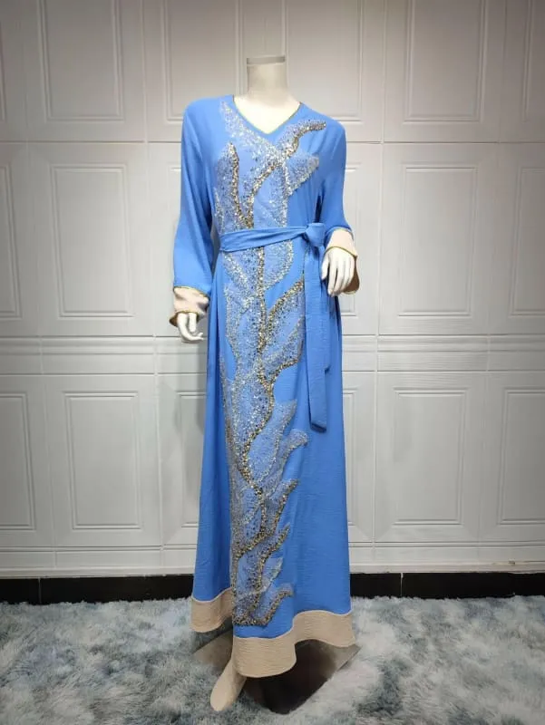 Light Blue Embroidered Beads Abaya Middle Eastern Arab Clothing