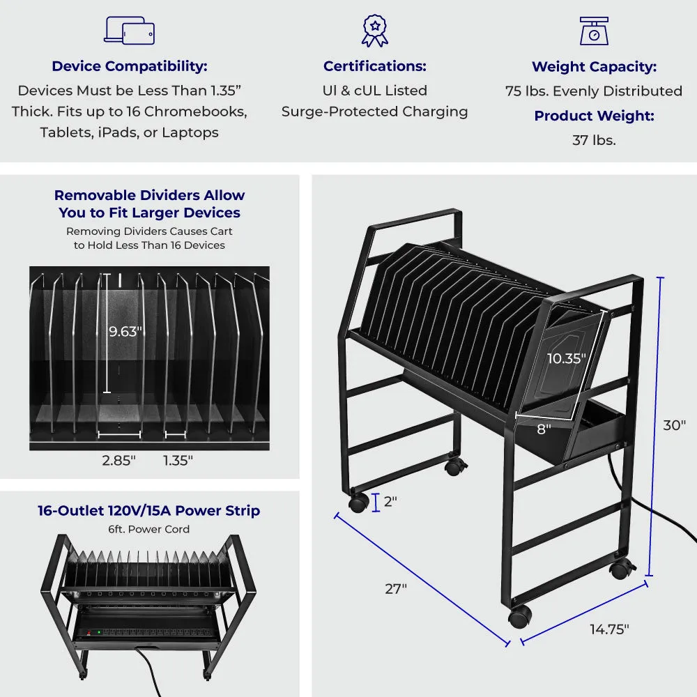 Line Leader Open Charging Cart – Holds Up to 16 Devices  – Black