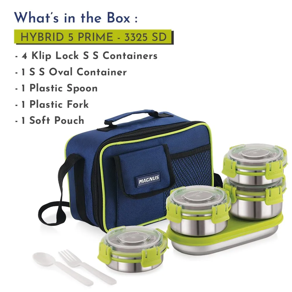 Magnus Hybrid 5 Prime Lunch Box - Premium Stainless Steel Tiffin Set for Kids, Boys, Men and Women - Ideal Lunch Boxes for Office Men, Leakproof Containers, Insulated Cover