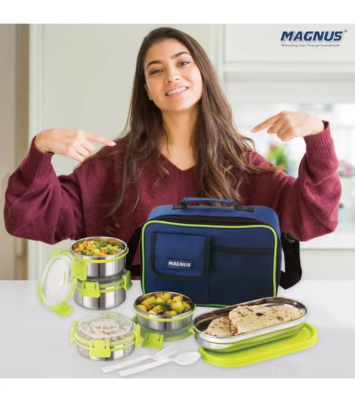 Magnus Hybrid 5 Prime Lunch Box - Premium Stainless Steel Tiffin Set for Kids, Boys, Men and Women - Ideal Lunch Boxes for Office Men, Leakproof Containers, Insulated Cover