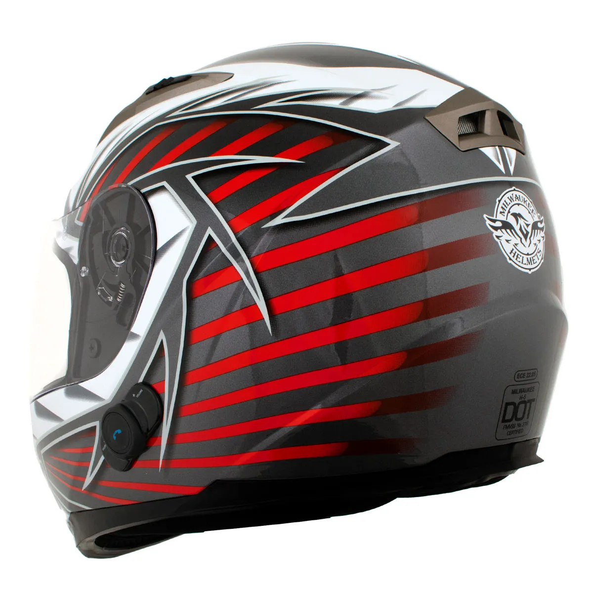 Milwaukee Helmets H520 Titanium and Red Chit-Chat Black Full Face Motorcycle Helmet w/ Intercom - Built-in Speaker and Microphone for Men / Women