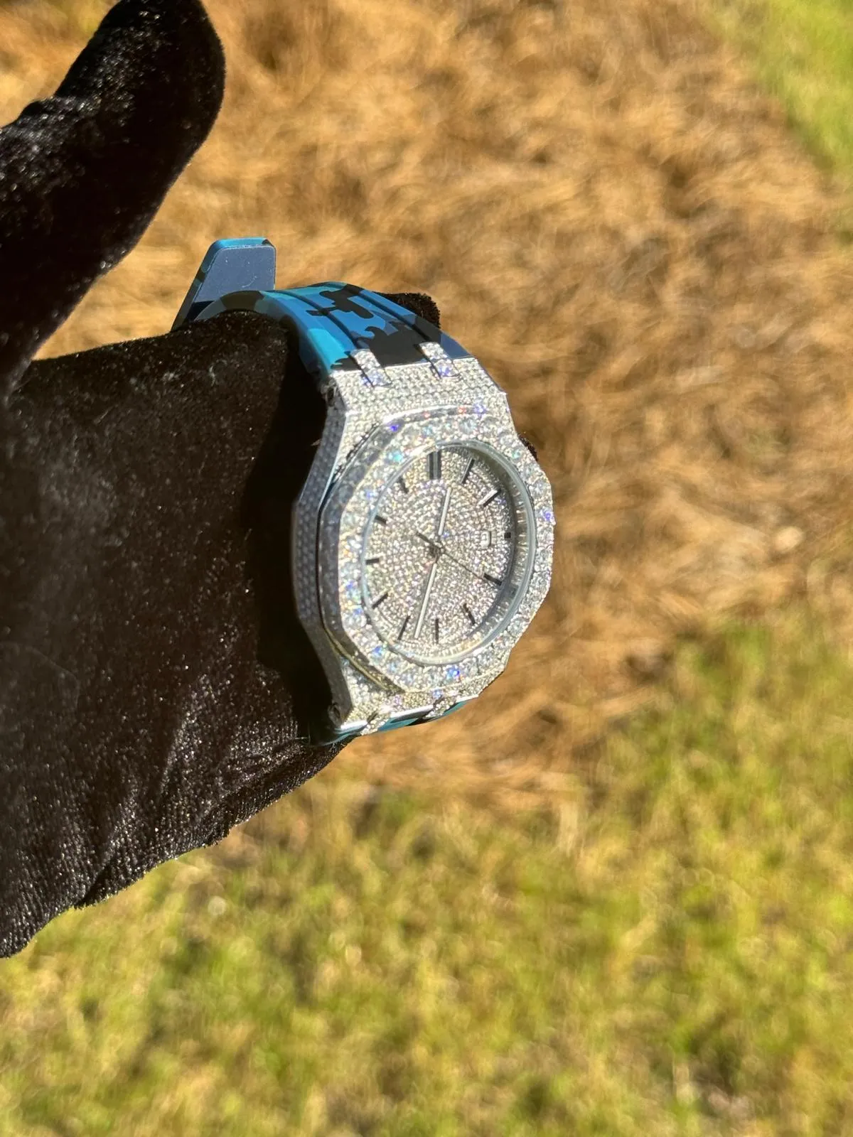 Moissanite Camouflage Blue Watch Designer Automatic Men