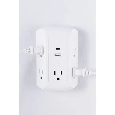 New - GE 5 Outlet Grounded Tap with 2 USB Ports USB-A and C 560J 3.4A White