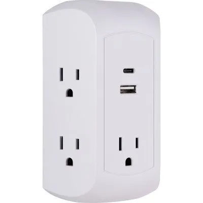 New - GE 5 Outlet Grounded Tap with 2 USB Ports USB-A and C 560J 3.4A White