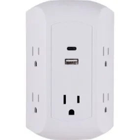 New - GE 5 Outlet Grounded Tap with 2 USB Ports USB-A and C 560J 3.4A White