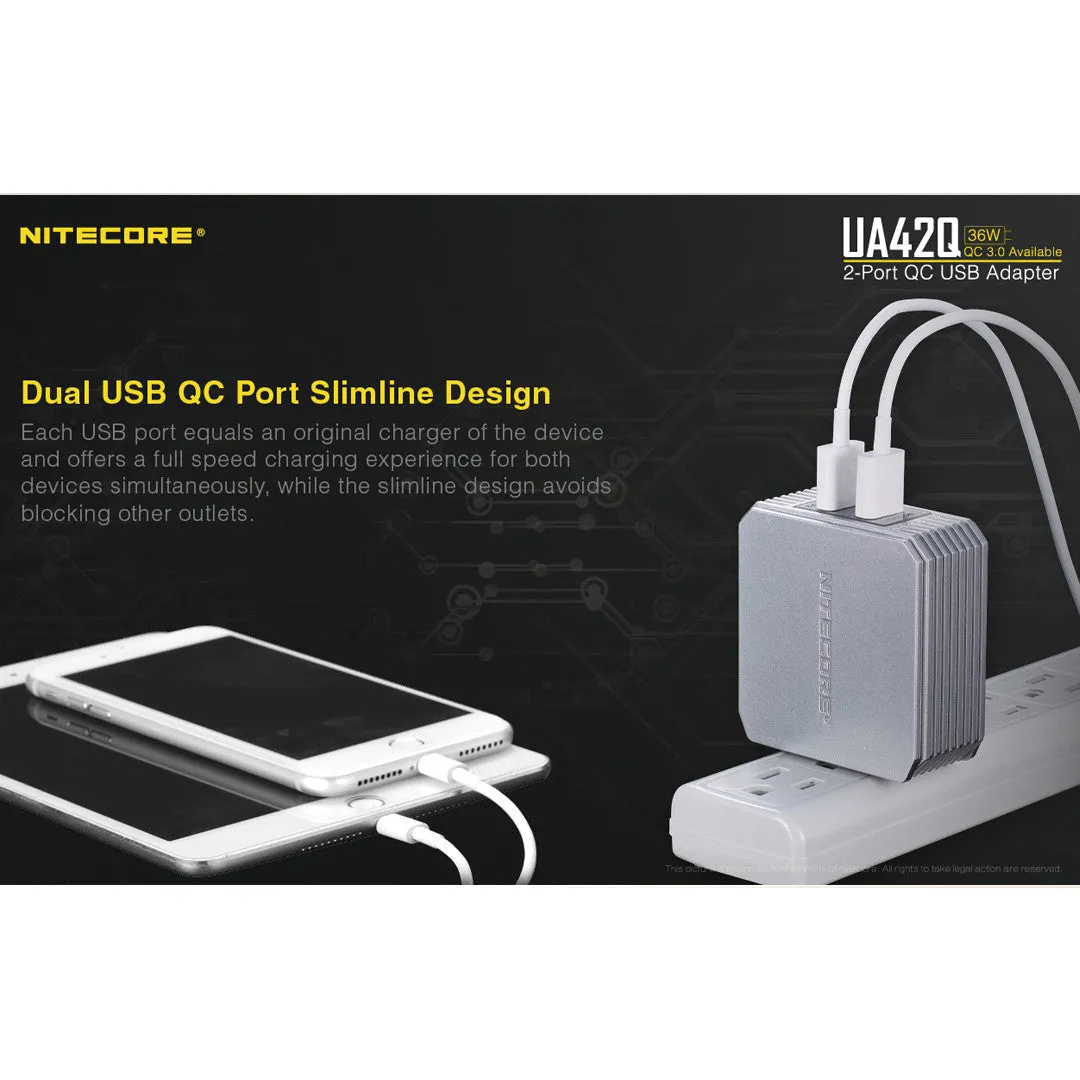 Nitecore UA42Q 2-Port Quick Charge USB Adapter, QC2.0/QC3.0