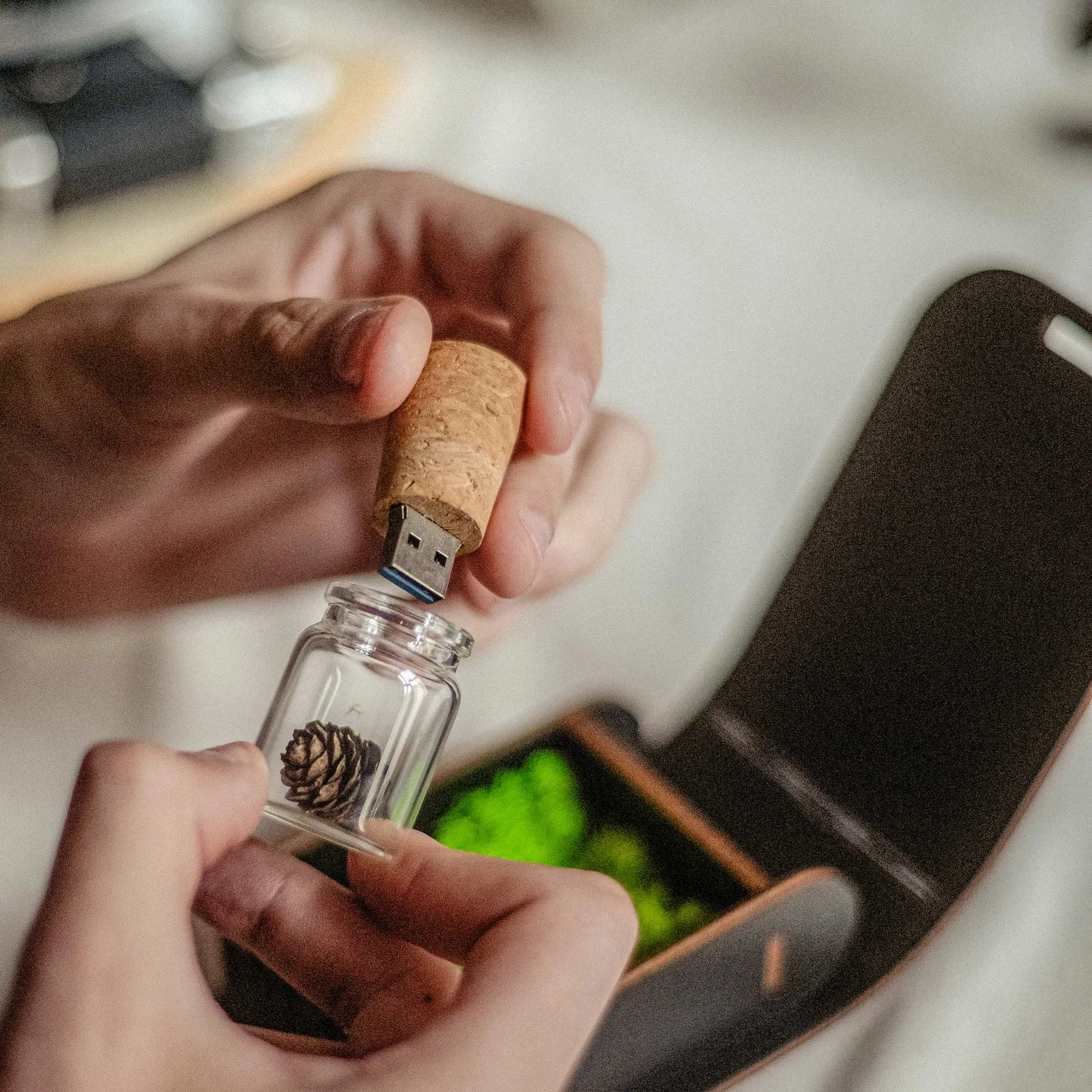 Personalized Wooden Box in Black Colour with Glass Bottle USB Drive