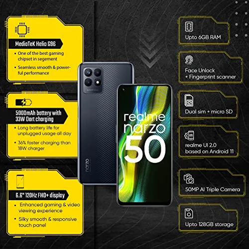 Realme narzo 50 (Speed Black, 6GB RAM 128GB Storage) Helio G96 Processor | 50MP AI Triple Camera | 120Hz Ultra Smooth Display