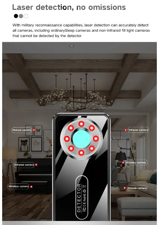 RF Detector, Covert Camera Detector, Audio Recorder Detector, GPS Tracker Detector with Infrared and Magnet Detector probe.