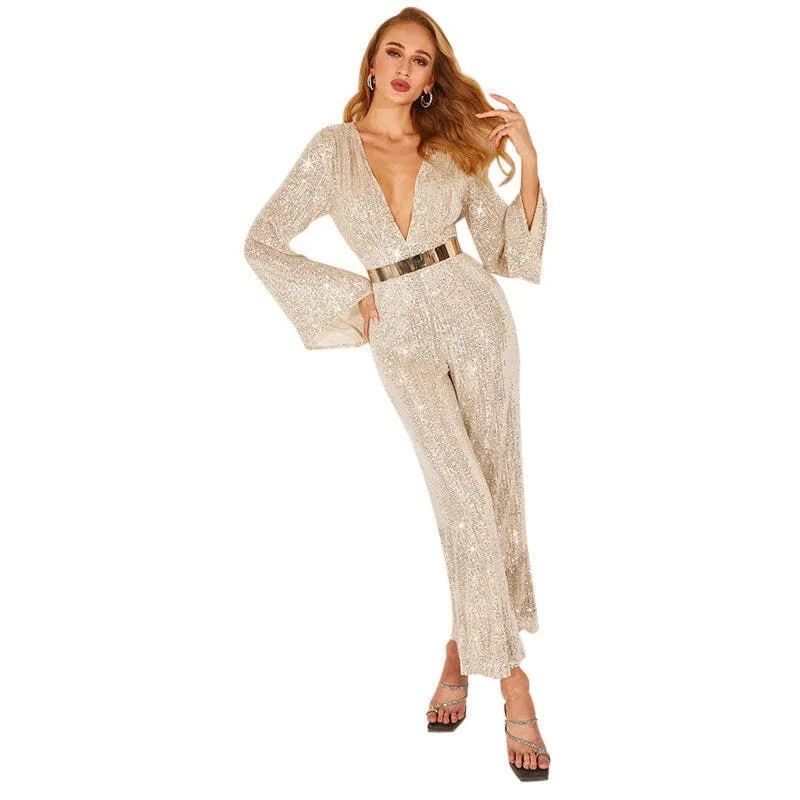 Shimmering Sequin Party Jumpsuit with Deep v Bodysuit and Wide Legs