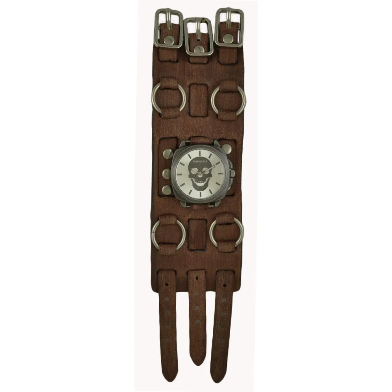 Skull Head Silver Watch with Ring Distressed Brown Leather Triple Strap Cuff