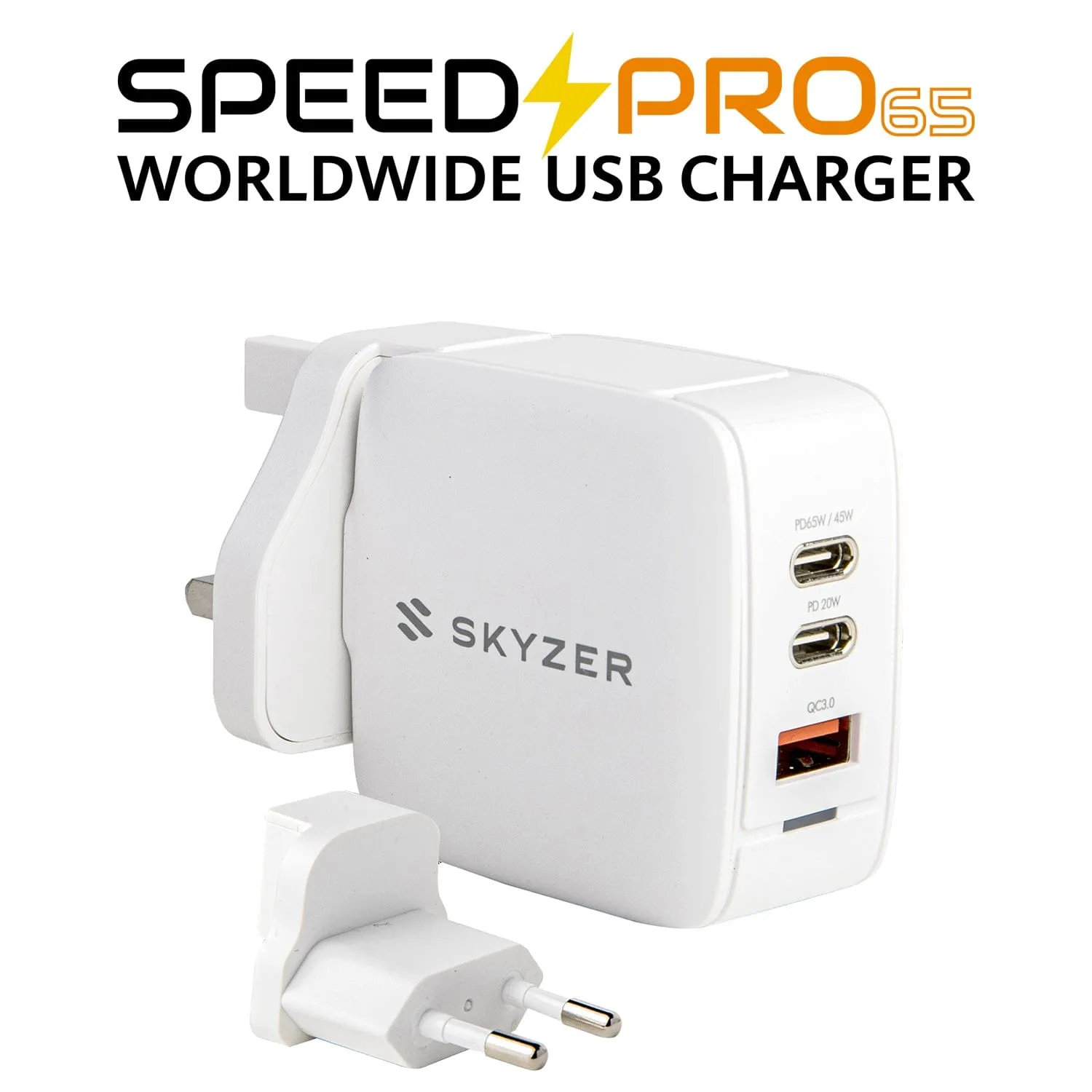 Skyzer PD158 SpeedPro 65W Max Fast Charging Wall Charger with 2 USB-C   1 USB-A Port