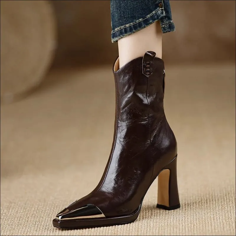 Sleek Metal Covered Pointed-toe Retro Mid-calf Boots for Stylish Vibes