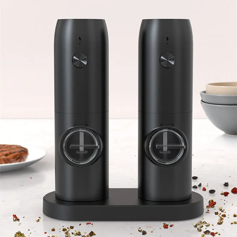 Stainless Steel Salt Pepper Grinder with built-in rechargeable battery and multiple charging bases