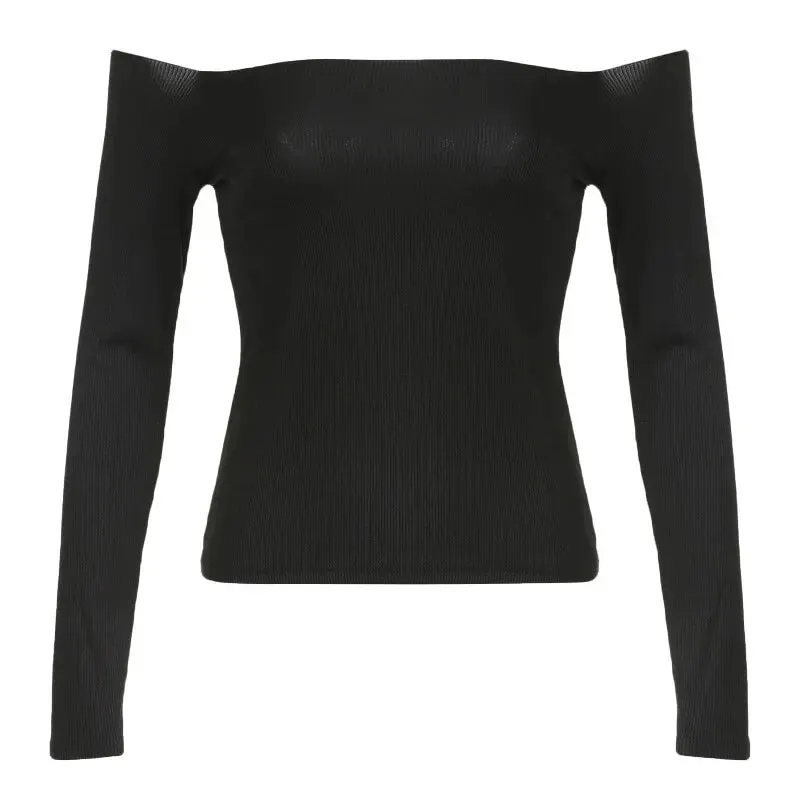 Temperament One-line Shoulder Long Sleeve T-shirt Women Slimming Base Collarbone Off-the-shoulder Spice Girl Top