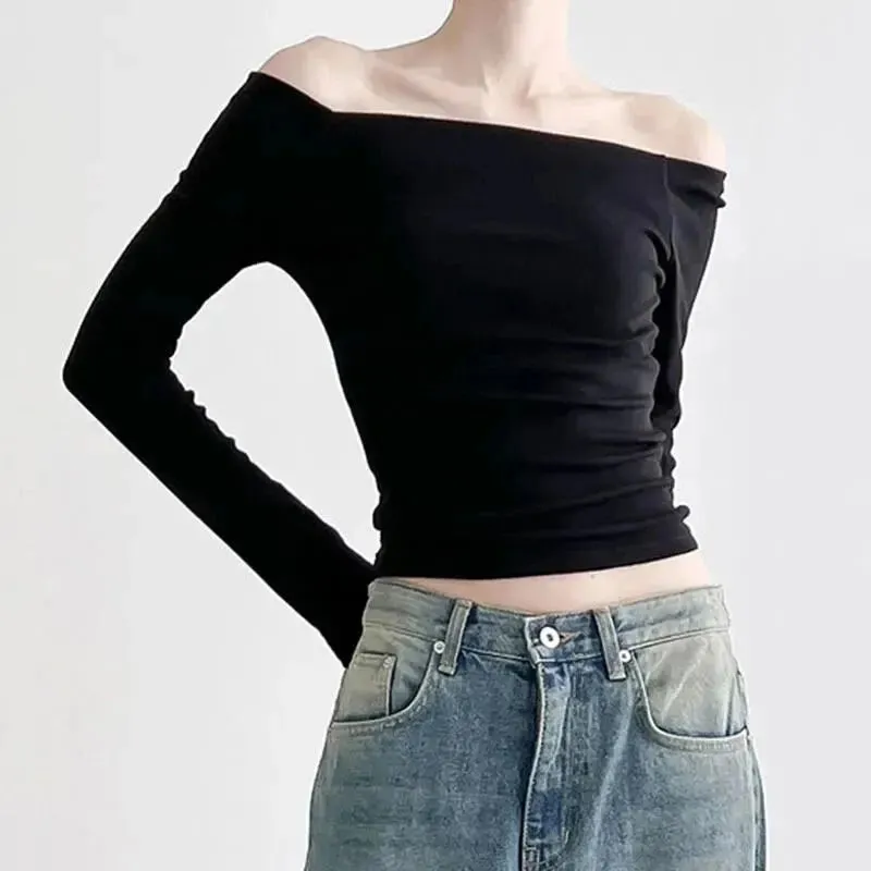 Temperament One-line Shoulder Long Sleeve T-shirt Women Slimming Base Collarbone Off-the-shoulder Spice Girl Top