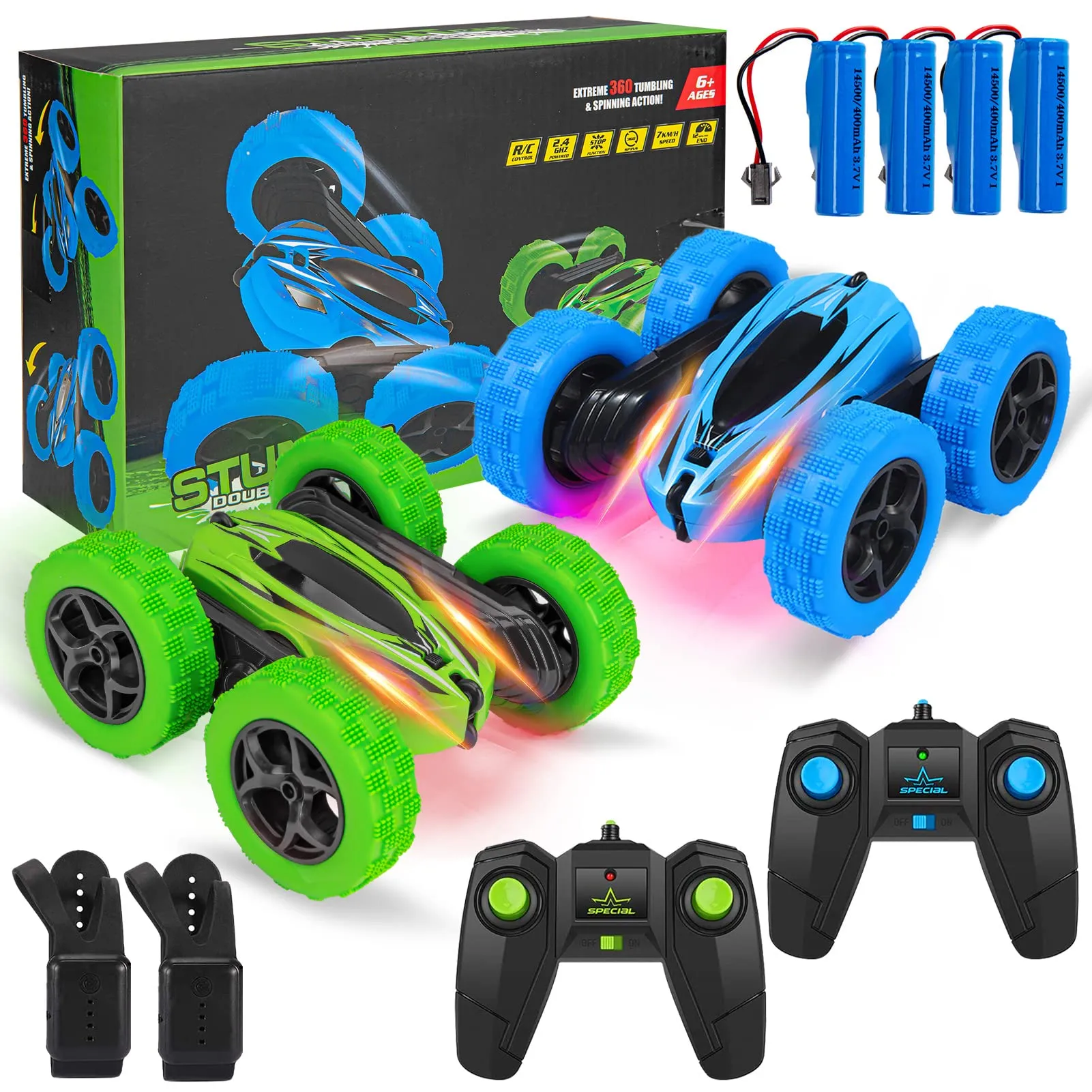 THINKMAX 2Pack RC Stunt Car Watch Gesture Sensor Car Blue Green