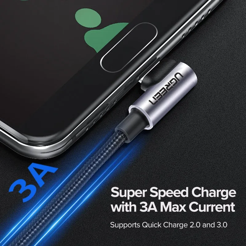 Ugreen 3A USB Type C 90 Degree USB C Cable for Samsung Galaxy S10 S9 Plus Xiaomi Mi 8 6 MAX 3 LG USB C Fast Charging Data Cable