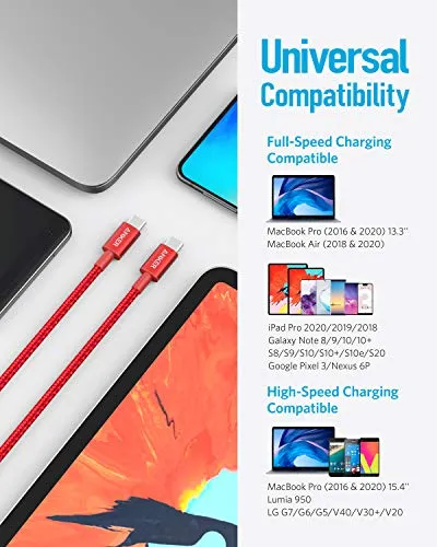 USB C Cable, Anker 2 Pack New Nylon USB C to USB C Cable (3.3ft 60W), PD Type C Charging Cable for MacBook Pro 2020, iPad Pro, Galaxy S20, Switch, Pixel, LG and Other USB C Charger(Red)