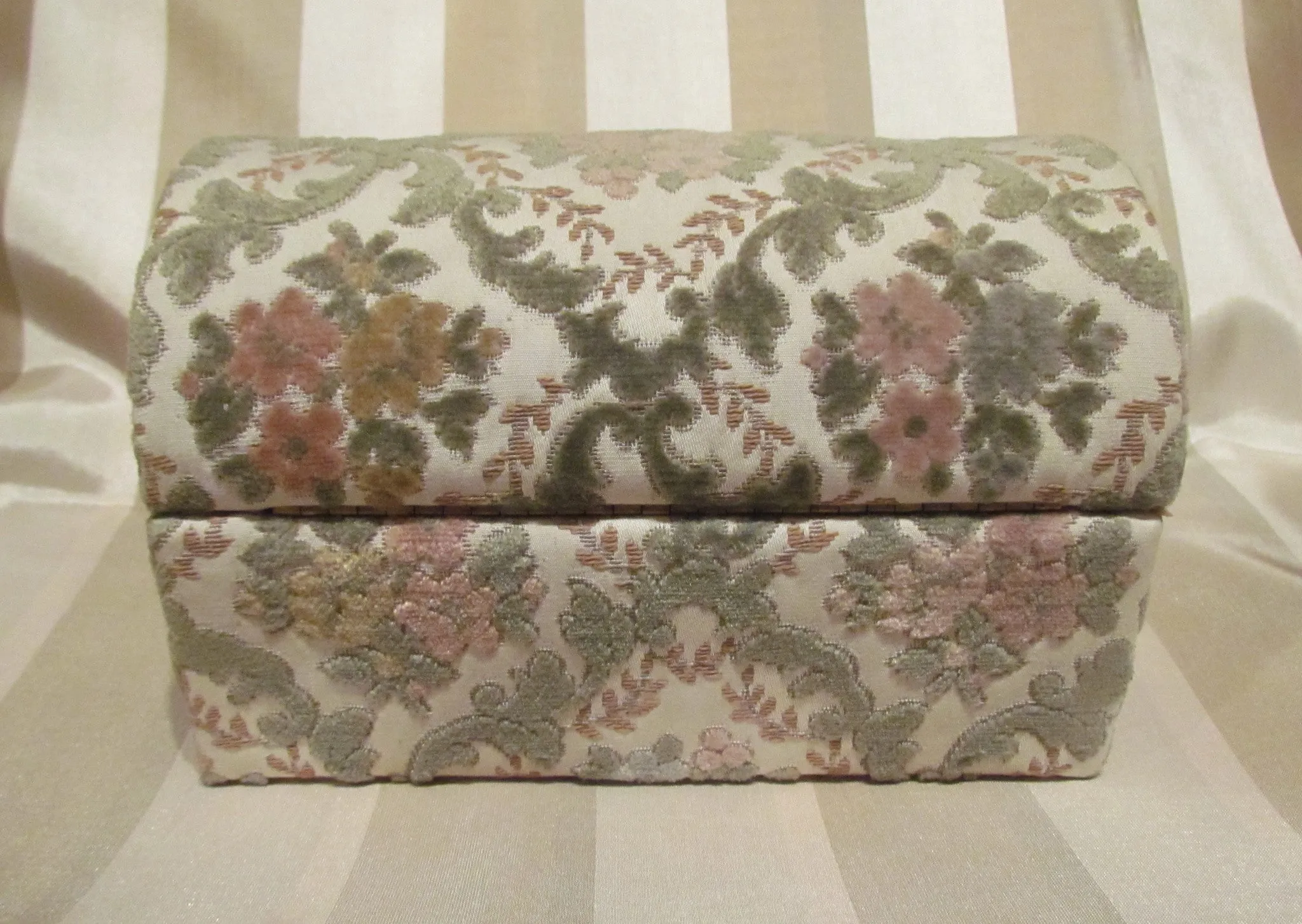 Vintage Jewelry Box Upholstery Cloth Vanity Box Trinket Box Sage Green, Rose, Cream & Gold