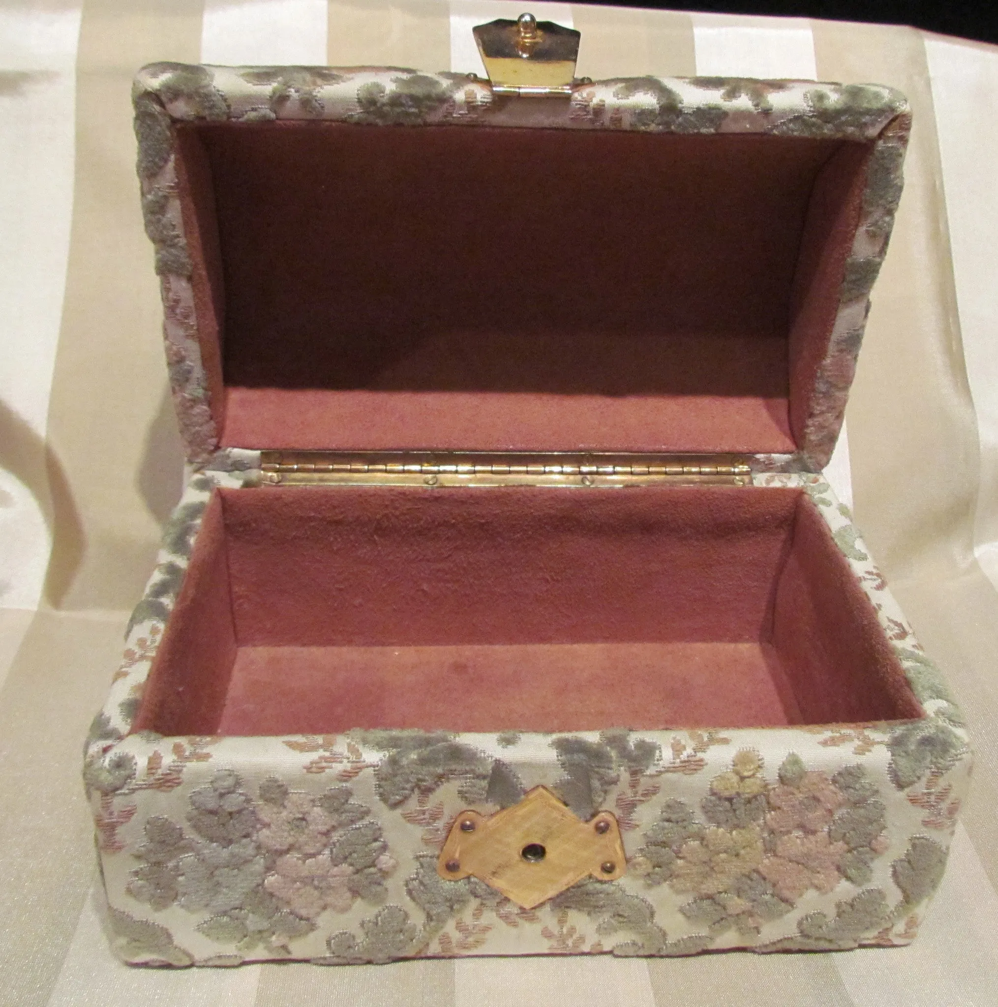 Vintage Jewelry Box Upholstery Cloth Vanity Box Trinket Box Sage Green, Rose, Cream & Gold