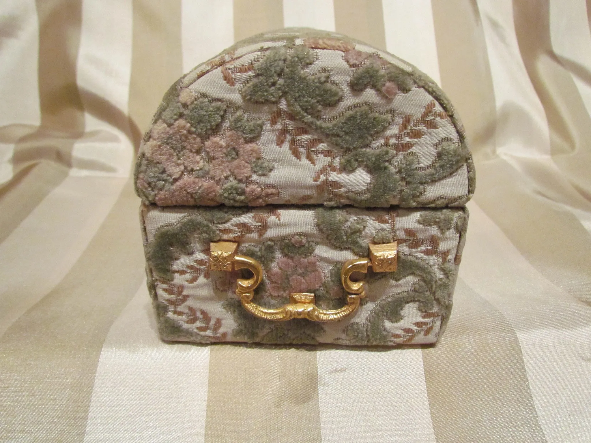 Vintage Jewelry Box Upholstery Cloth Vanity Box Trinket Box Sage Green, Rose, Cream & Gold