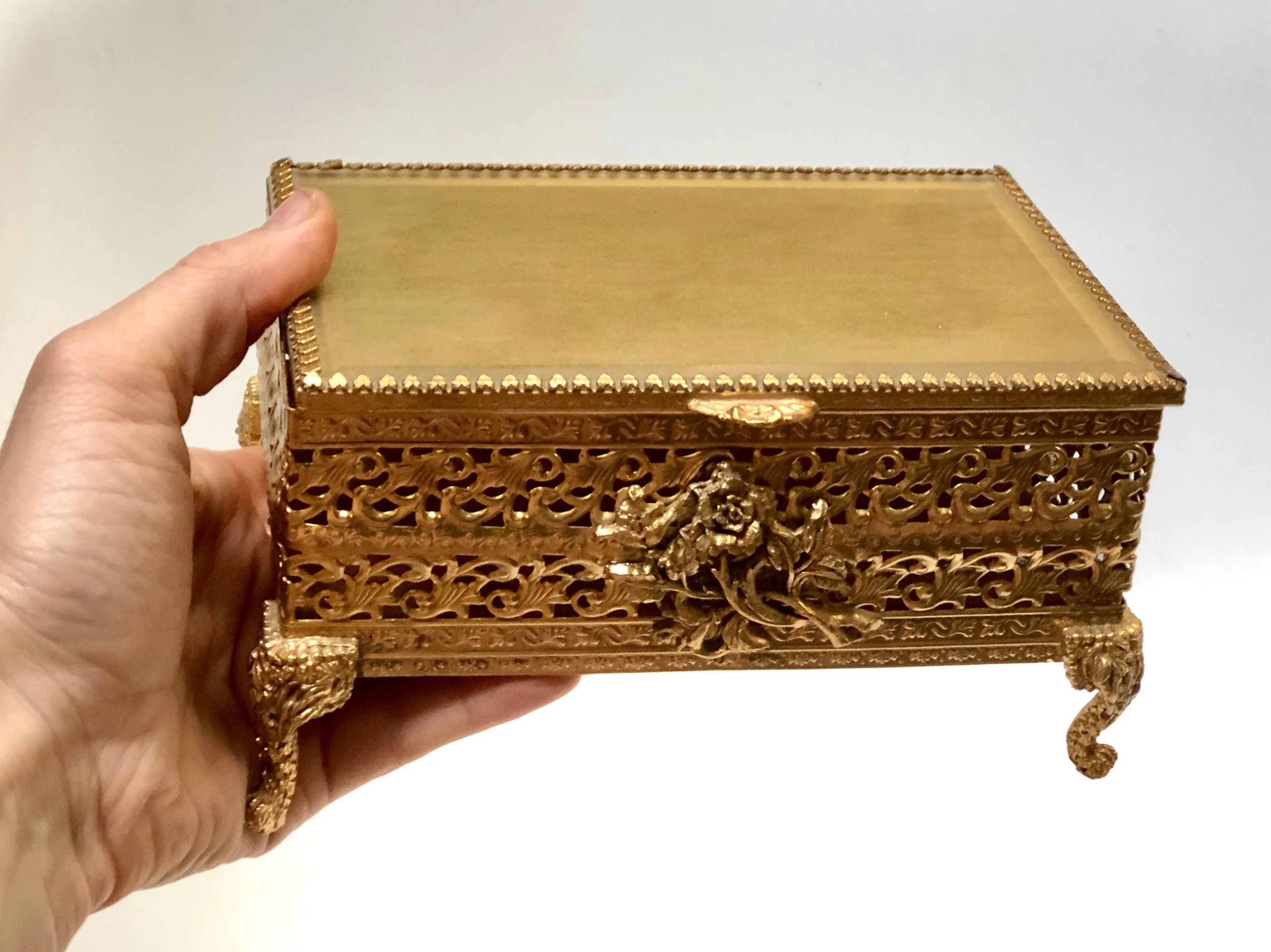 Vintage Lion Feet Gold Filigree Jewelry Box