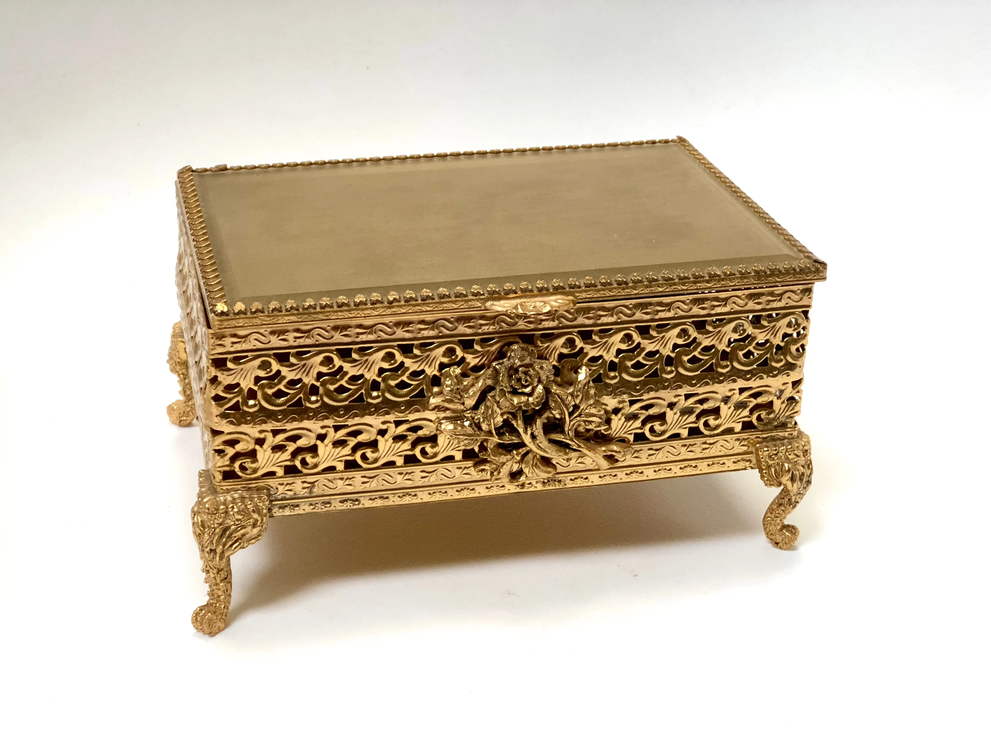 Vintage Lion Feet Gold Filigree Jewelry Box