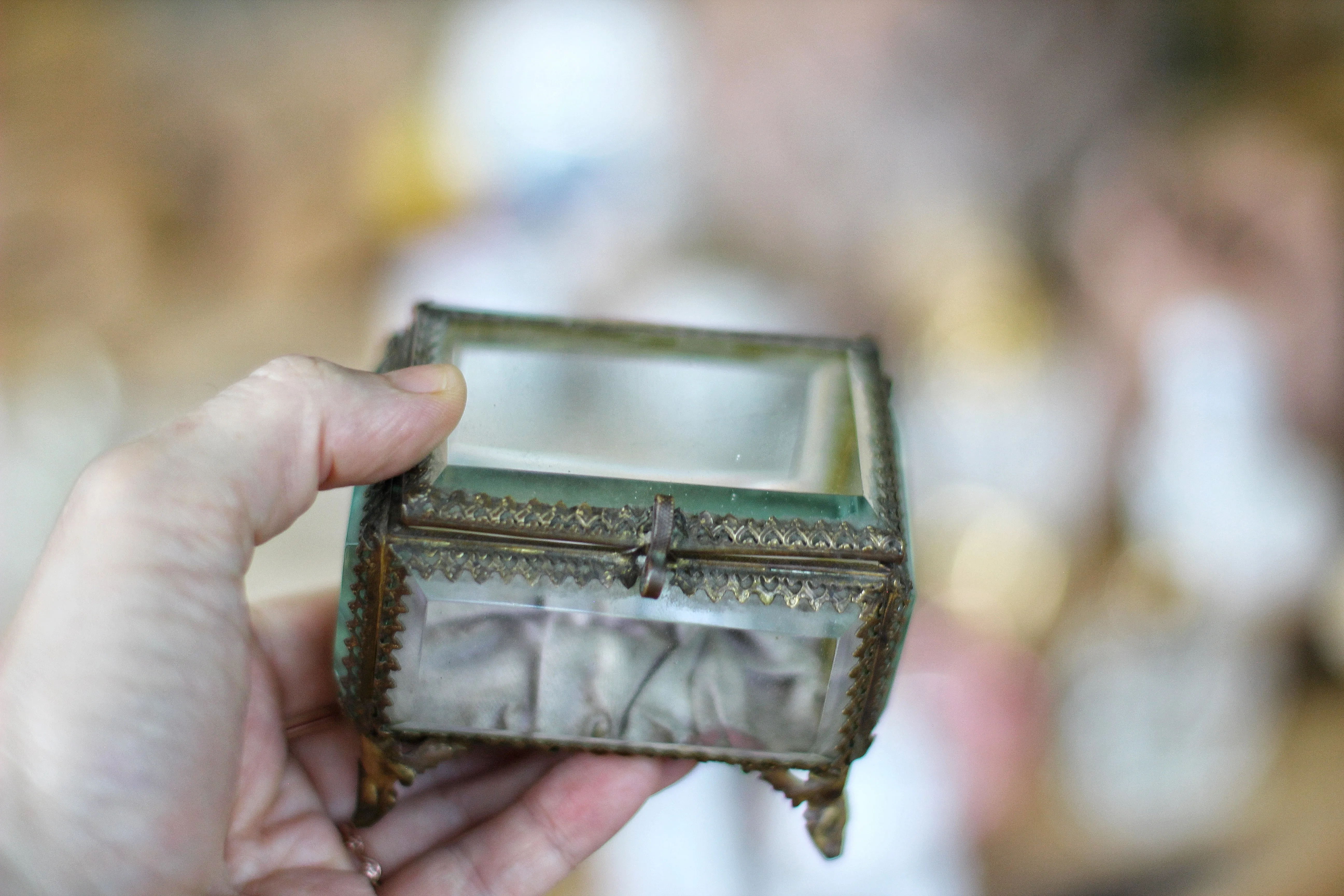 Vintage Small French Ormolu Beveled Glass Jewelry Box