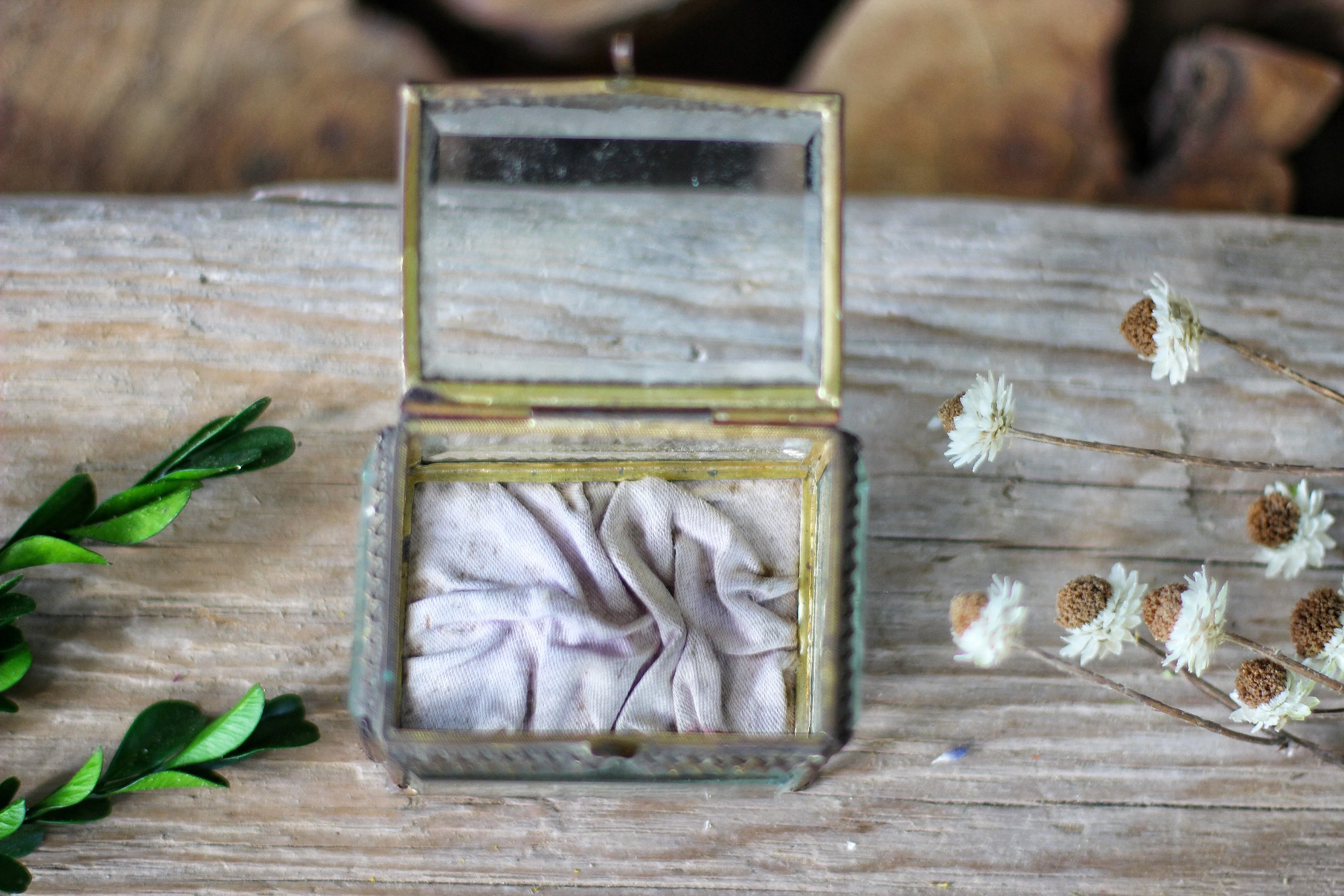 Vintage Small French Ormolu Beveled Glass Jewelry Box