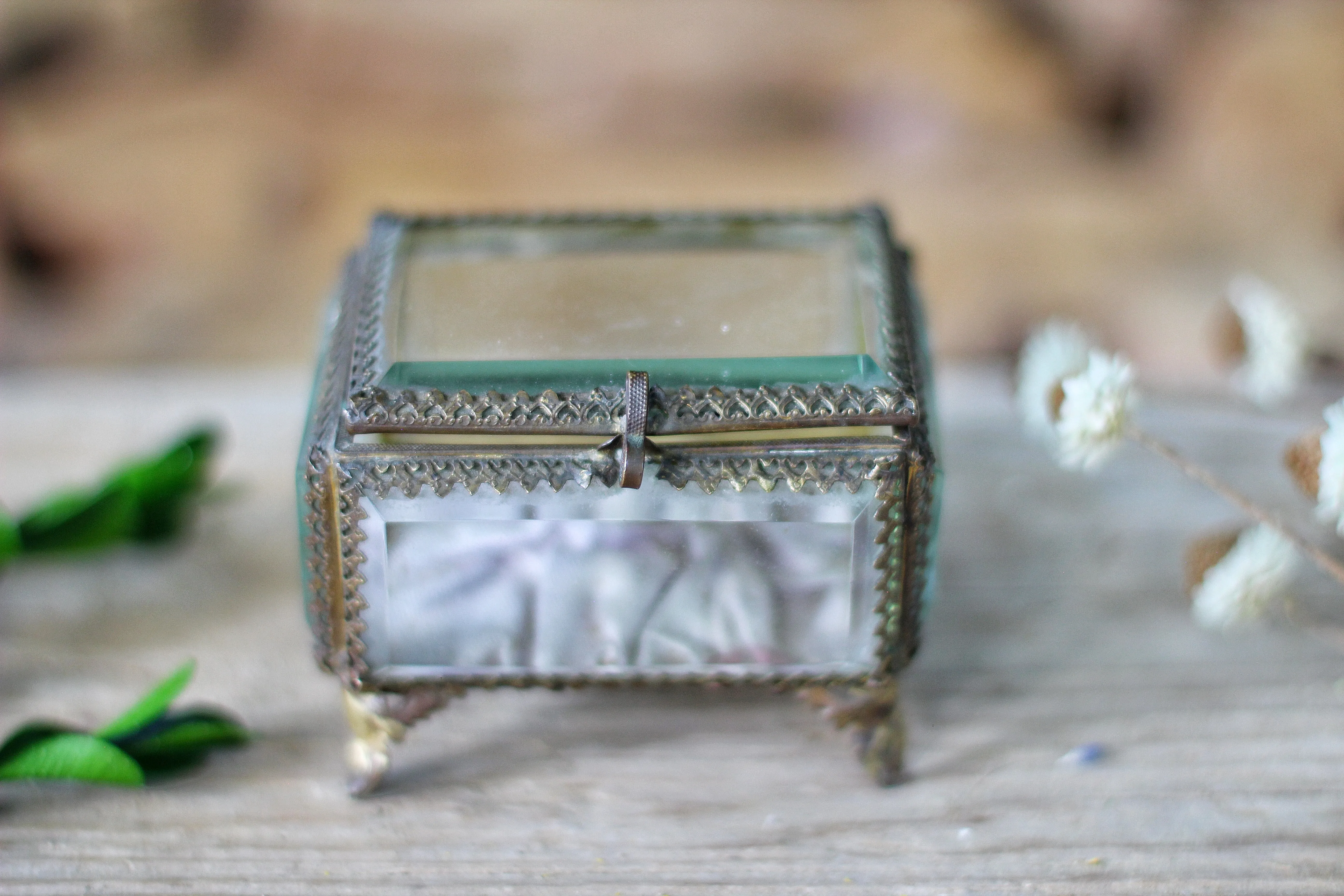 Vintage Small French Ormolu Beveled Glass Jewelry Box