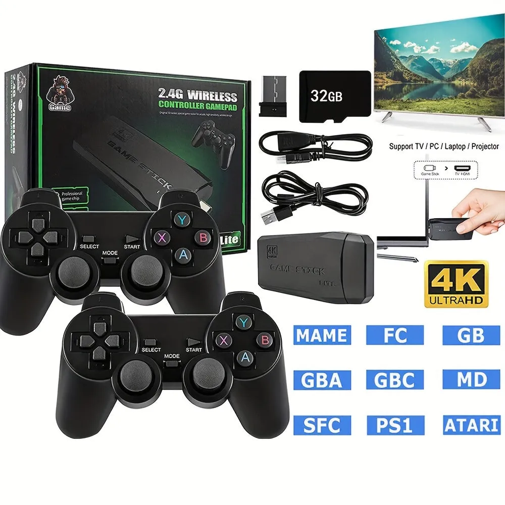 Wireless Retro Game Stick With 64G Memory Card With 9 Emulators Support 4K HDMI, Wireless Gaming Console With 2 Wireless Gaming Controls Support Running Games Downloaded