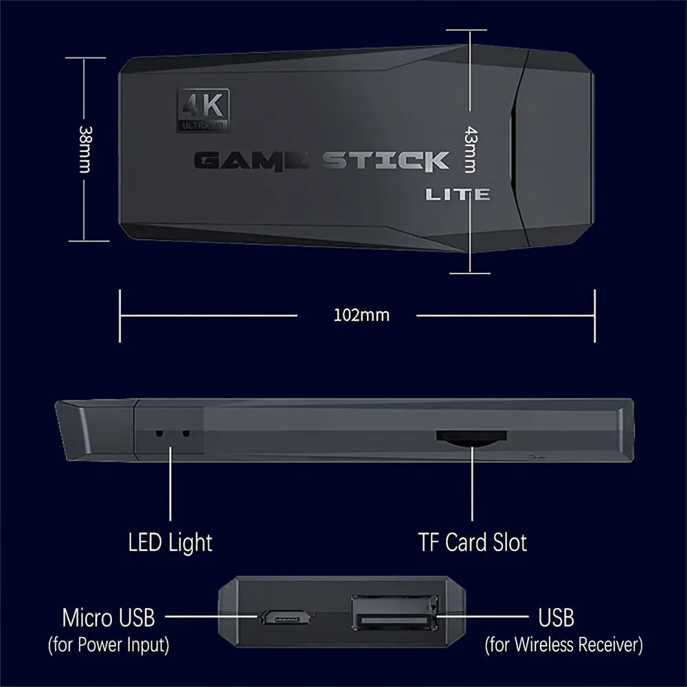 Wireless Retro Game Stick With 64G Memory Card With 9 Emulators Support 4K HDMI, Wireless Gaming Console With 2 Wireless Gaming Controls Support Running Games Downloaded