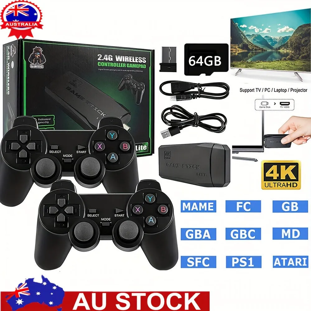 Wireless Retro Game Stick With 64G Memory Card With 9 Emulators Support 4K HDMI, Wireless Gaming Console With 2 Wireless Gaming Controls Support Running Games Downloaded