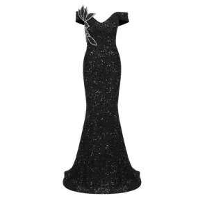 Women’s Black Diamante Sequin Evening Gown with V-neck off Shoulder